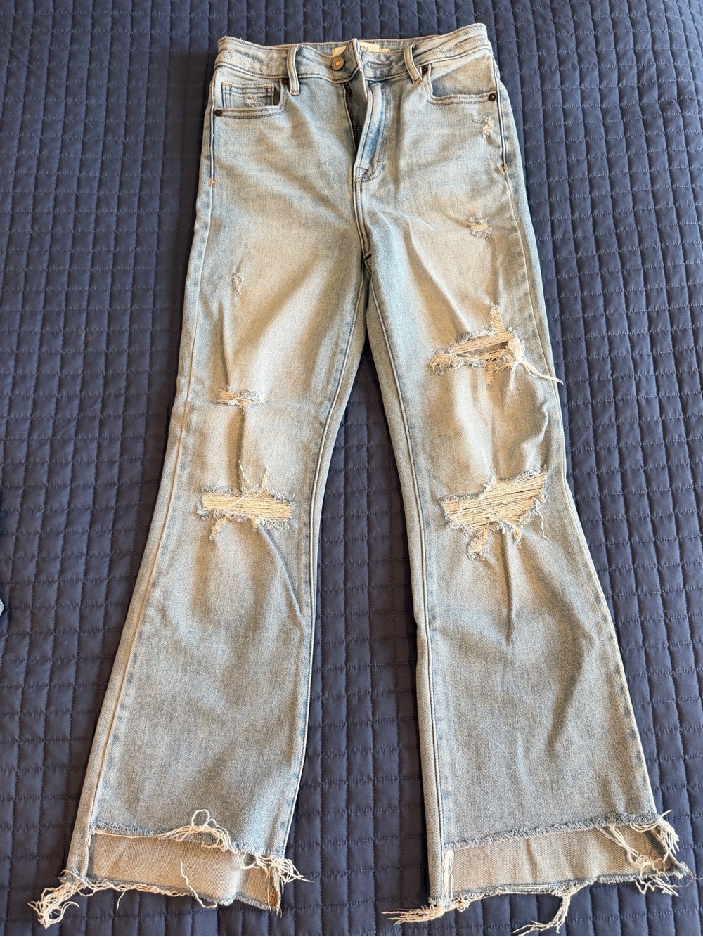 Light Wash Distressed Flared Jeans - Women's